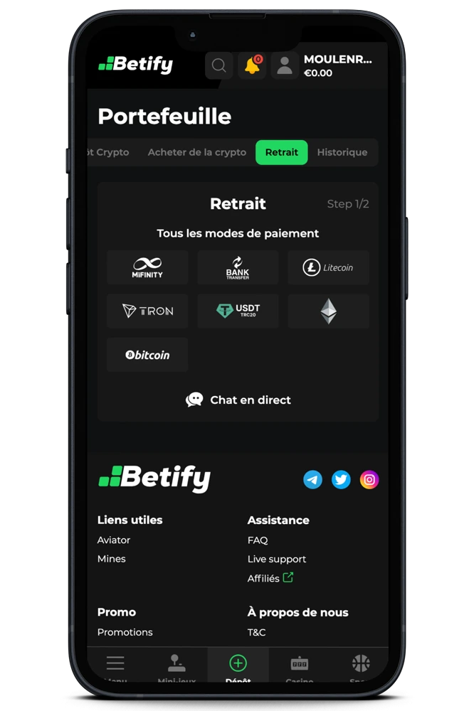 Retirer ses gains sur Betify